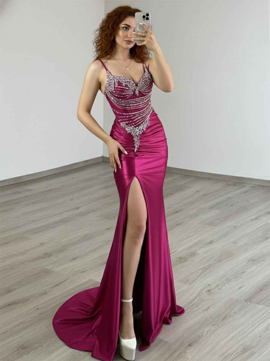 Gold Plunging V-Neck Beaded Bodice Satin Prom Dress with Slit