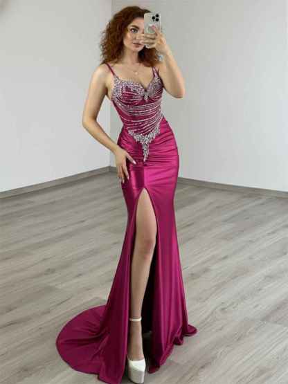 Gold Plunging V-Neck Beaded Bodice Satin Prom Dress with Slit