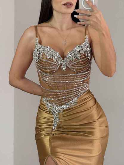 Gold Liquid Beaded Bodice Satin Prom Dress with Slit