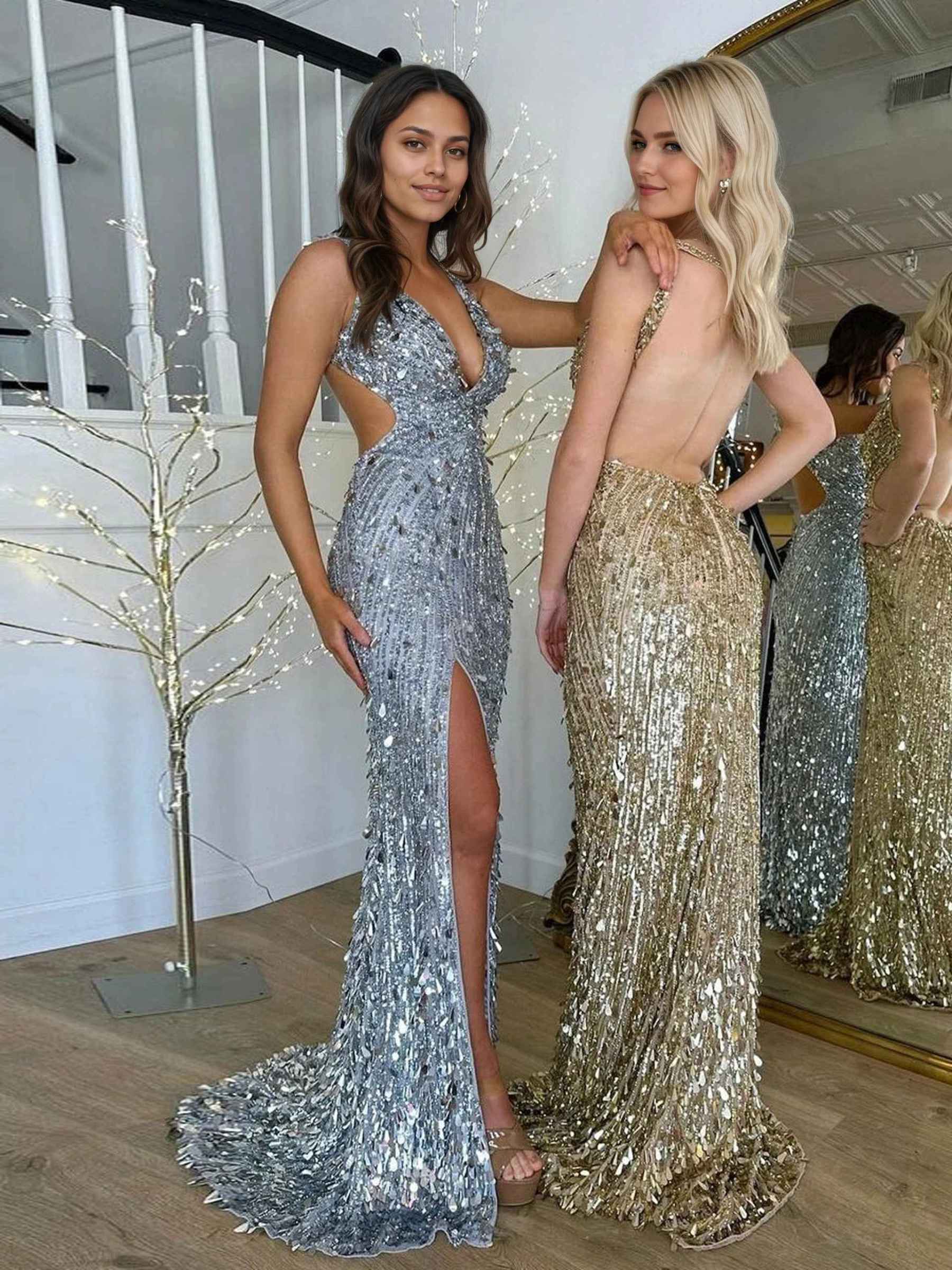 Gold Mermaid V-Neck Backless Long Tight Sequin Prom Dress