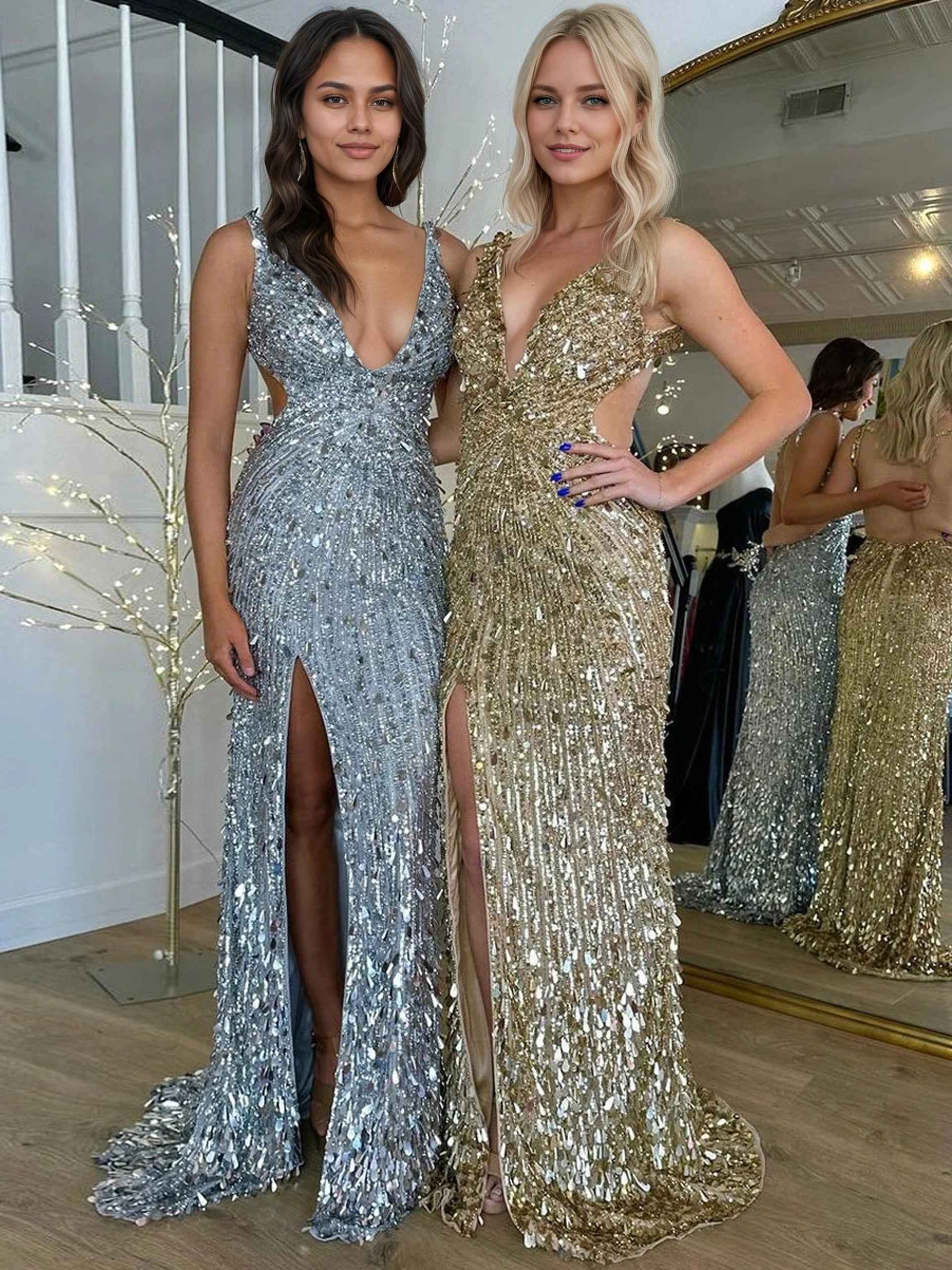 Gold Mermaid V-Neck Backless Long Tight Sequin Prom Dress - BMBRIDAL