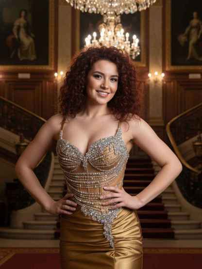 Gold Plunging V-Neck Cascading Crystal Satin Prom Dress with Slit