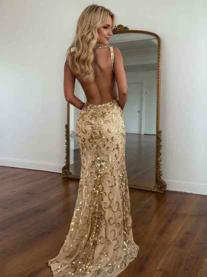 Gold Sequin V-Neck Open Back Mermaid Prom Dress with High Slit