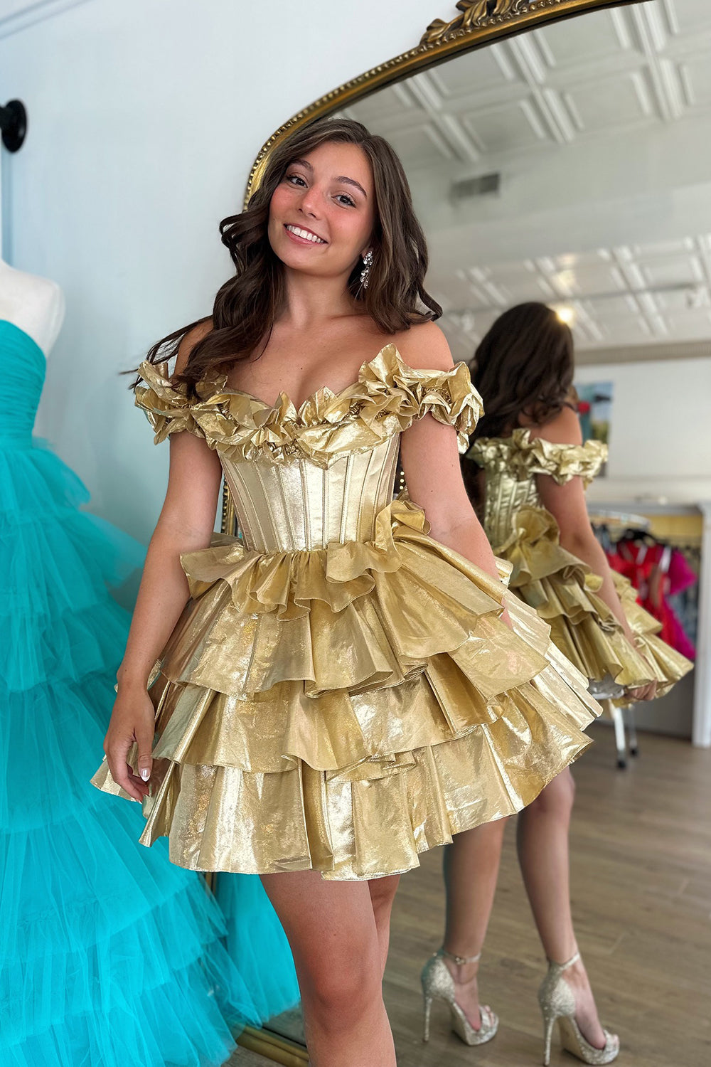 Golden Off the Shoulder A-Line Short Corset Homecoming Dress with Ruffles