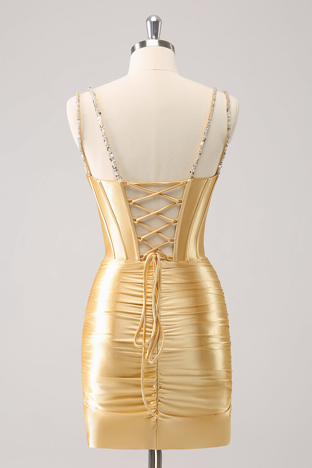 Golden Spaghetti Straps Bodycon Satin Corset Homecoming Dress with Beading