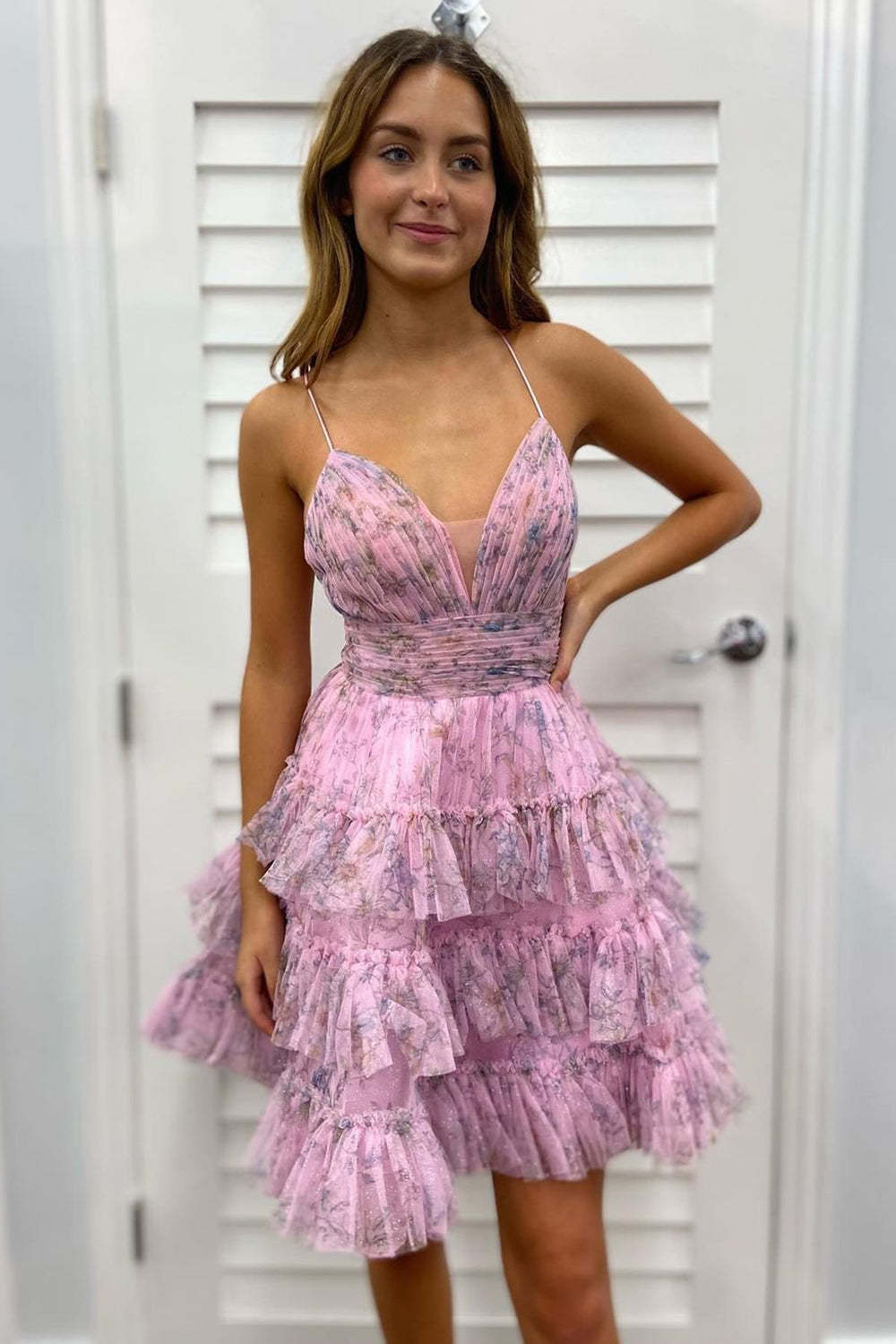 Gorgeous A Line Spaghetti Straps Pink Floral Printed Short Homecoming Dress