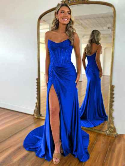 Green Mermaid Strapless Corset Beaded Prom Dress with Slit