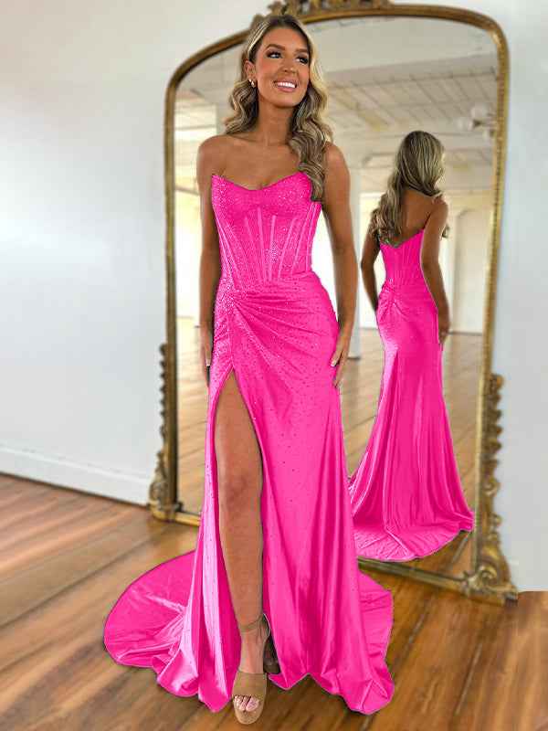 Green Mermaid Strapless Corset Beaded Prom Dress with Slit