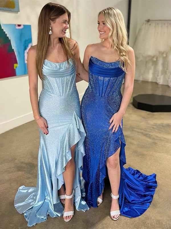 Hot Pink Mermaid Strapless Corset Bodice Long Prom Dress with Ruffle Slit