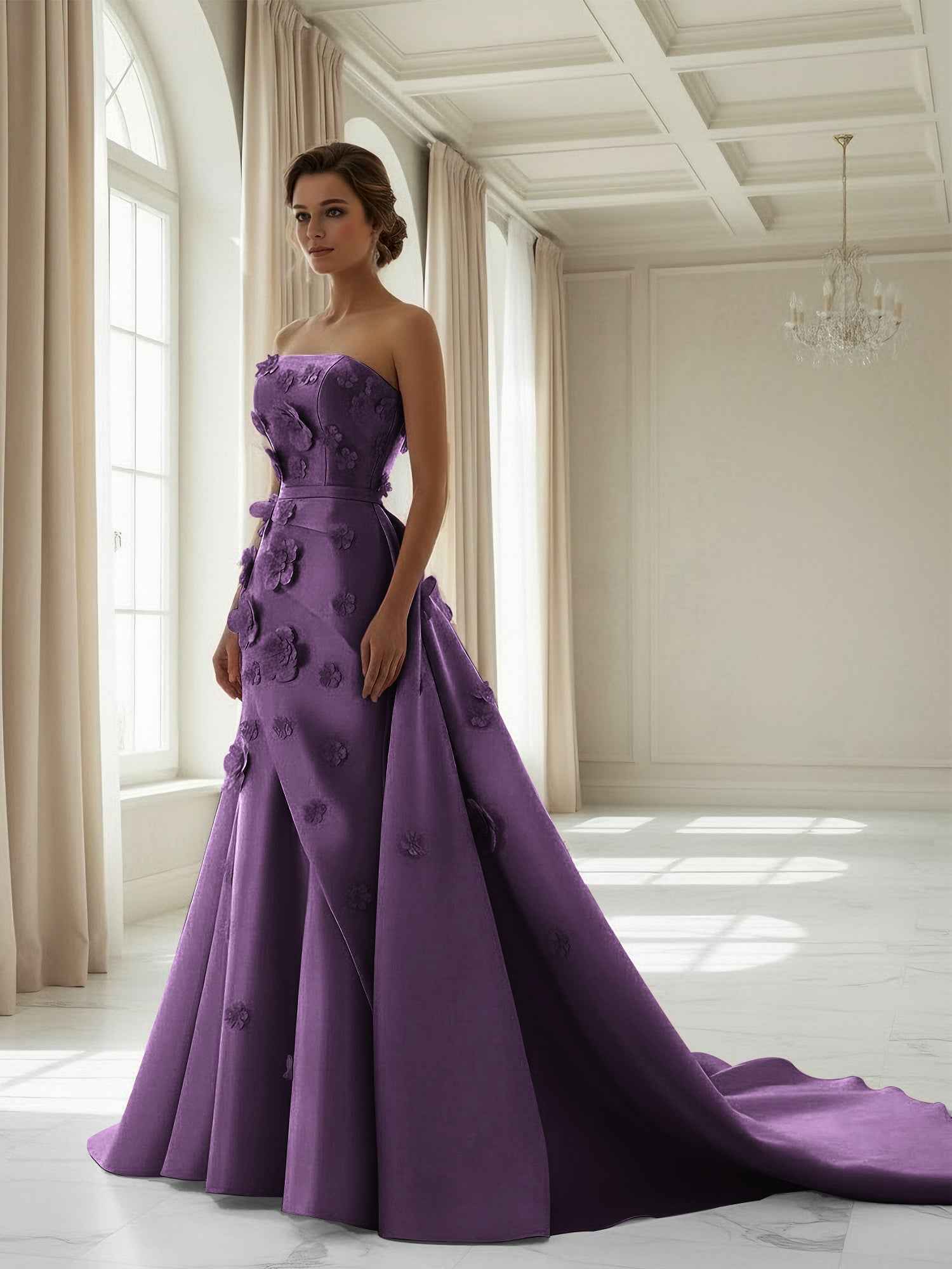 Pink A Line Satin Strapless Prom Dress with 3D Floral Appliques