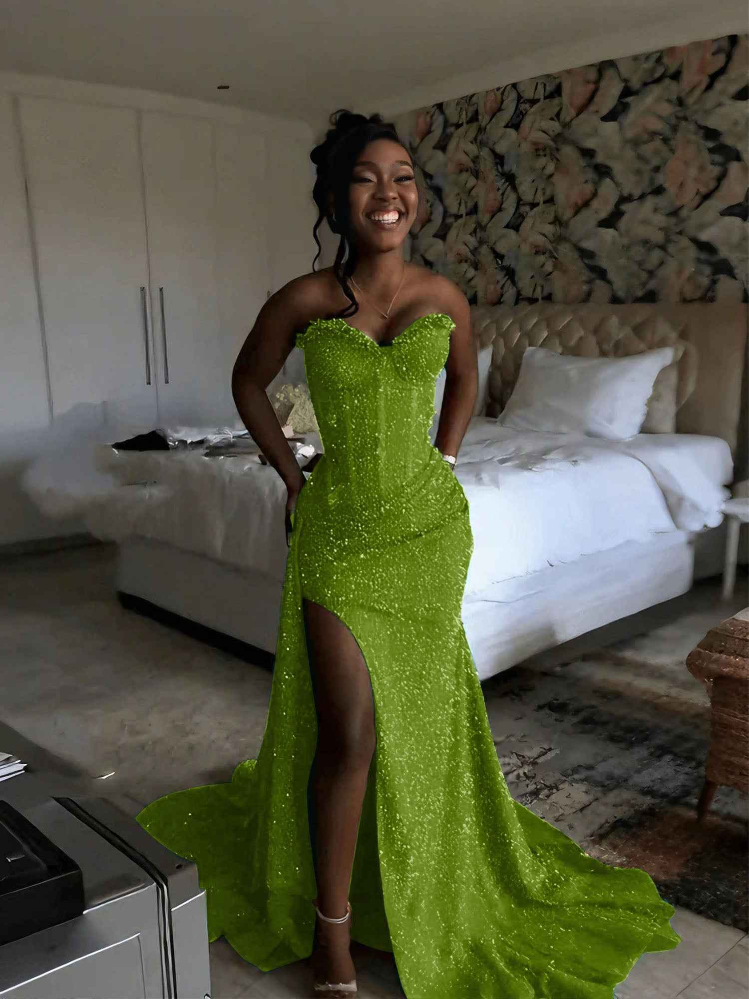 Glitter Strapless Mermaid Sequined Long Prom Dress with Slit