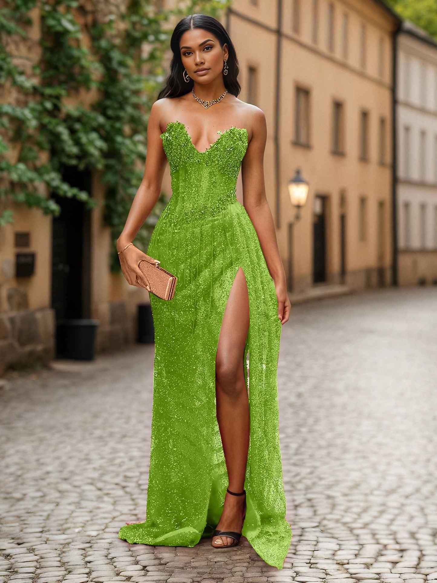 Red Strapless Beaded Fringe Waist Sequin Prom Dress with High Slit