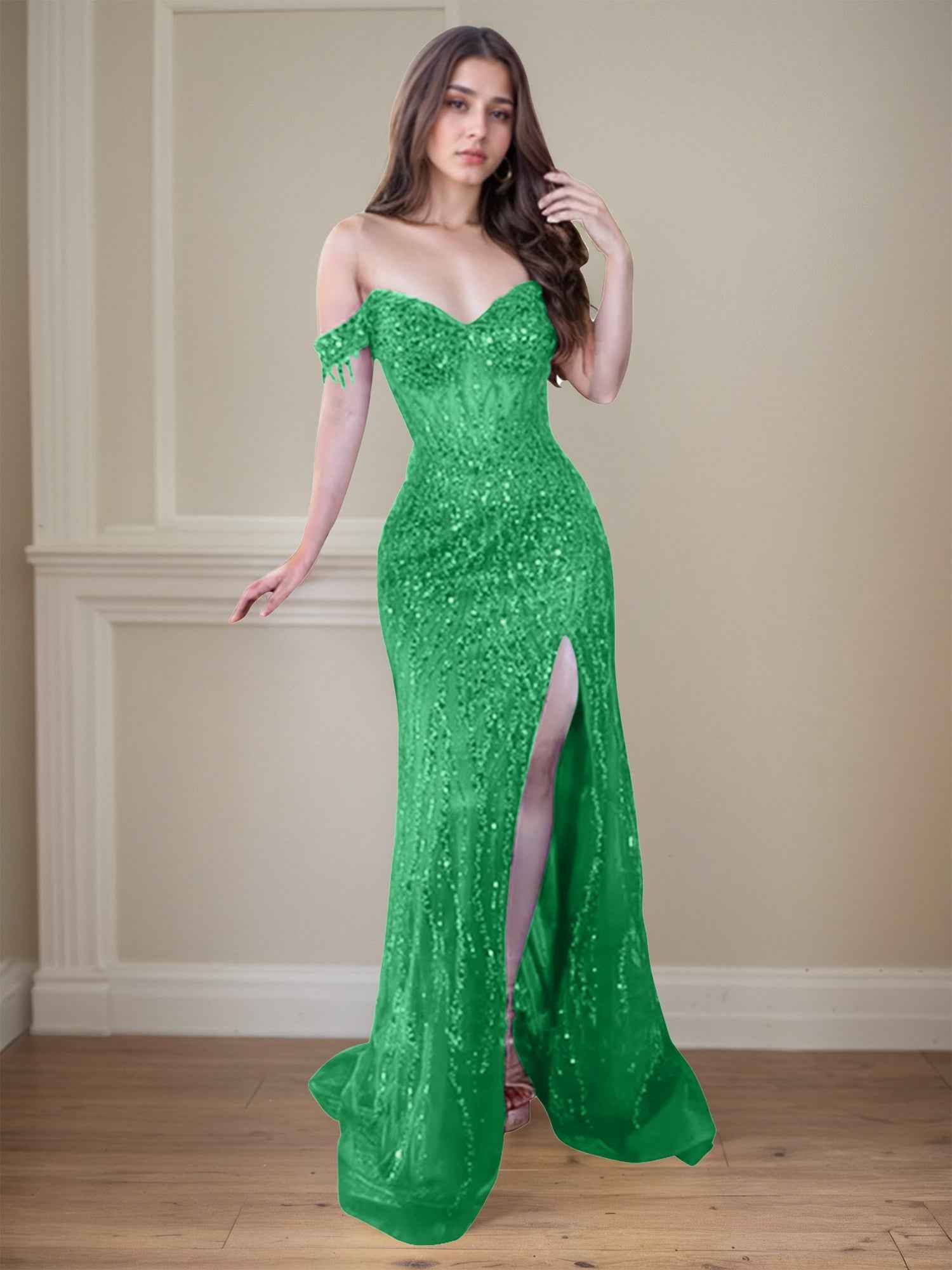 Red Off-the-Shoulder Beaded Tulle Long Prom Dress with Swirling Sequins