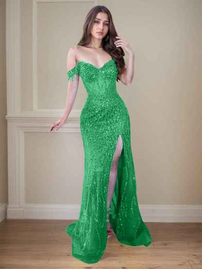 Red Off-the-Shoulder Beaded Tulle Long Prom Dress with Swirling Sequins