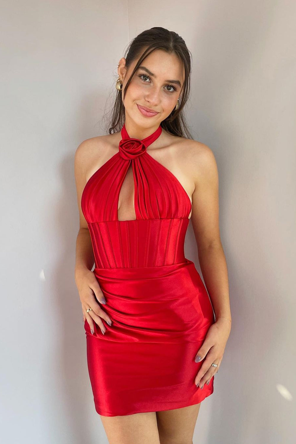 Green Halter Neck Bodycon Ruched Open Back Satin Homecoming Dress