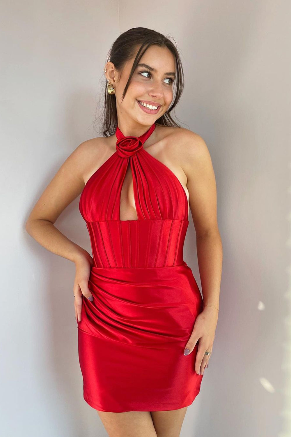 Green Halter Neck Bodycon Ruched Open Back Satin Homecoming Dress