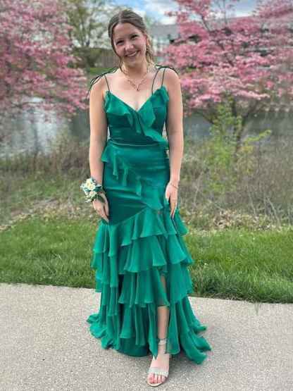 Fuchsia Mermaid Spaghetti Straps Ruffles Long Prom Party Dress