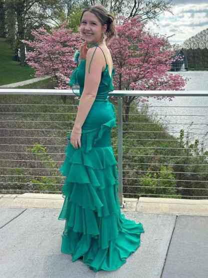 Fuchsia Mermaid Spaghetti Straps Ruffles Long Prom Party Dress