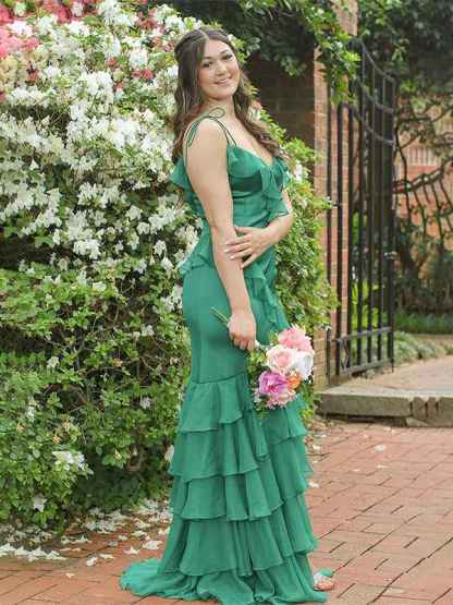 Fuchsia Mermaid Spaghetti Straps Ruffles Long Prom Party Dress