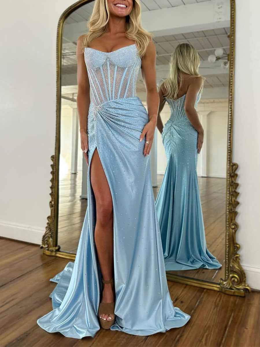 Green Mermaid Strapless Corset Beaded Prom Dress with Slit