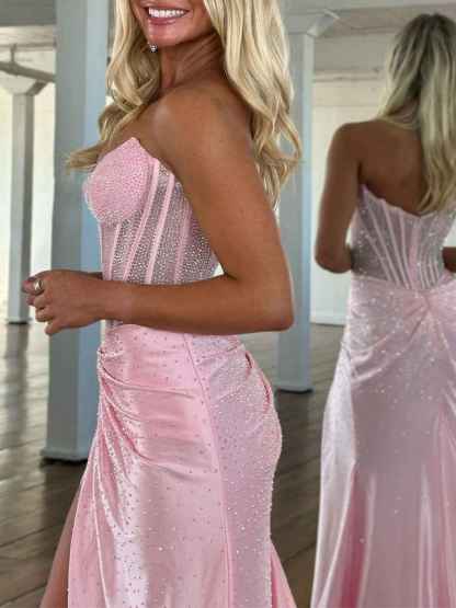 Green Mermaid Strapless Corset Beaded Prom Dress with Slit