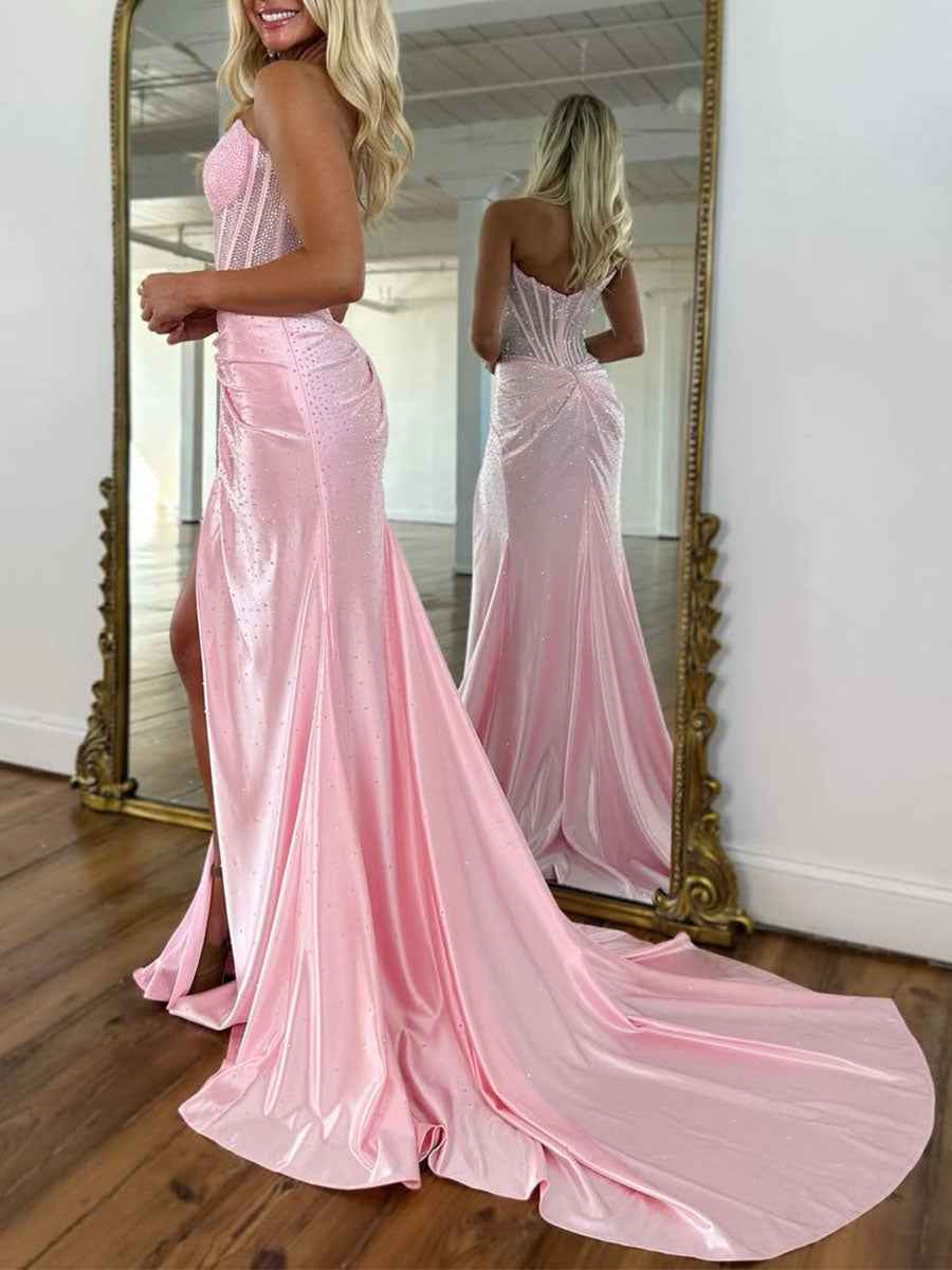 Green Mermaid Strapless Corset Beaded Prom Dress with Slit