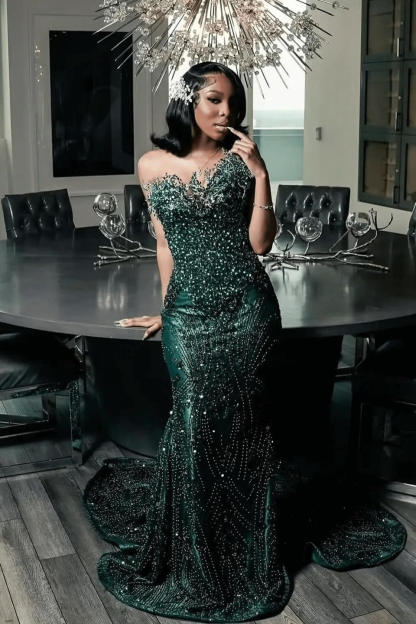One shoulder Dark green Mermaid Sparkle Floor length Prom Dresses