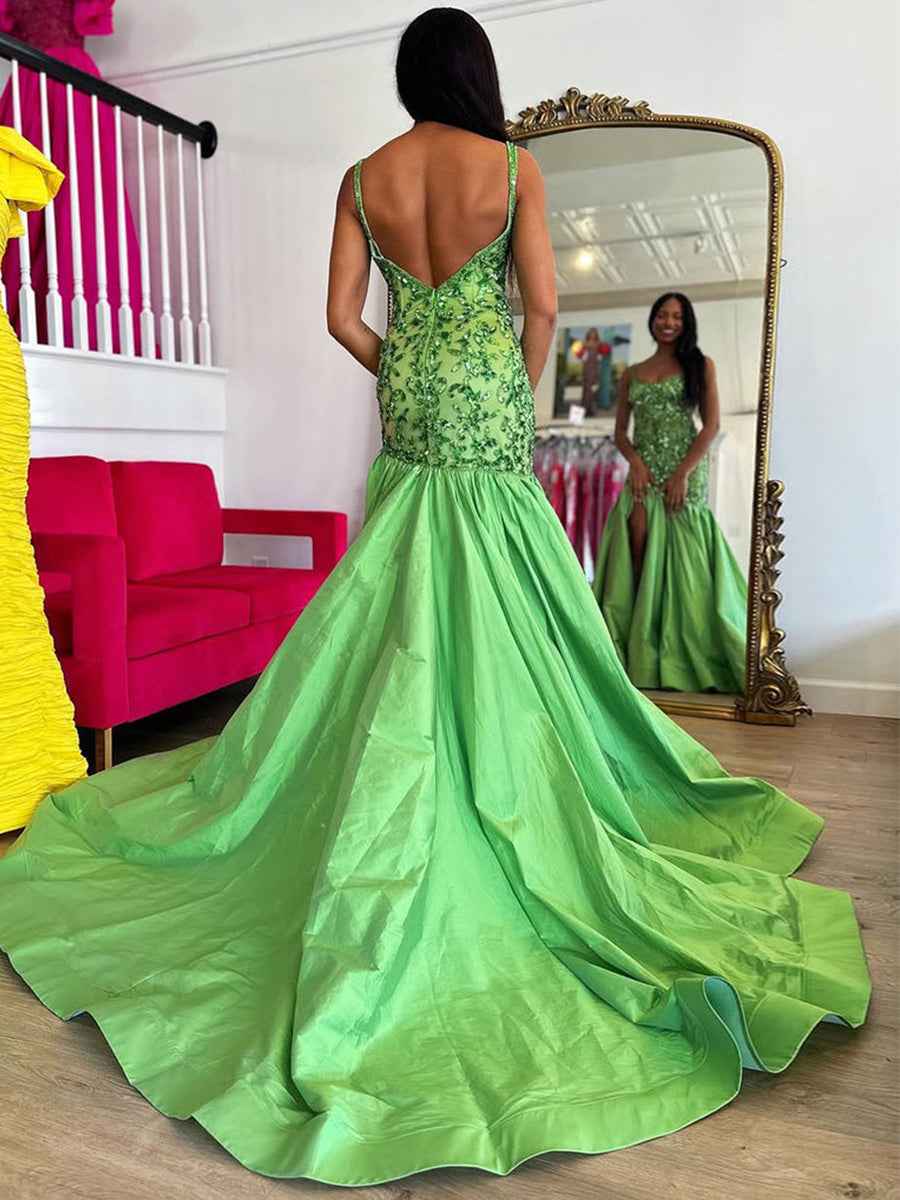 Green Mermaid Satin Sequin Beaded Long Prom Dress with Slit