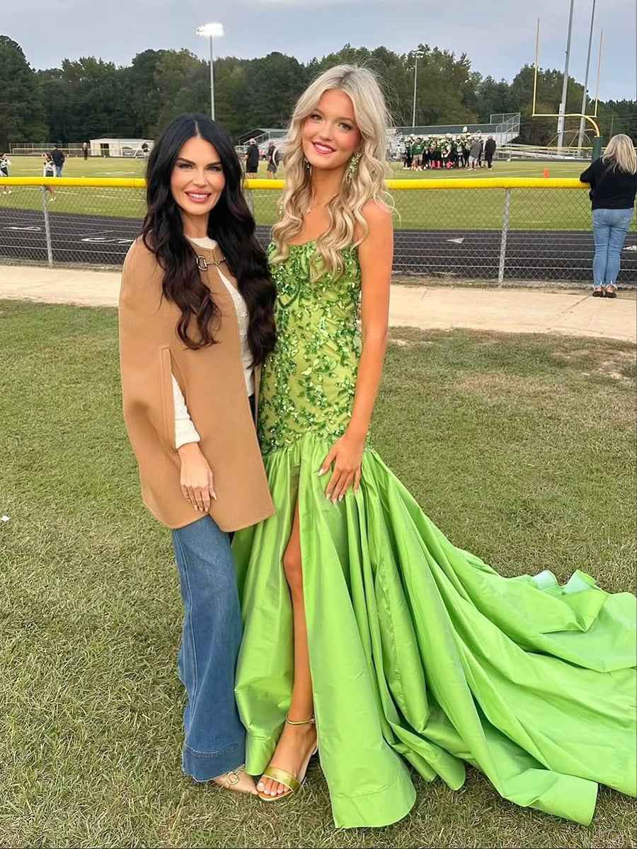 Green Mermaid Satin Sequin Beaded Long Prom Dress with Slit