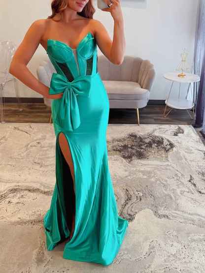 Green Mermaid Strapless Sweetheart Long Prom Dress with Slit
