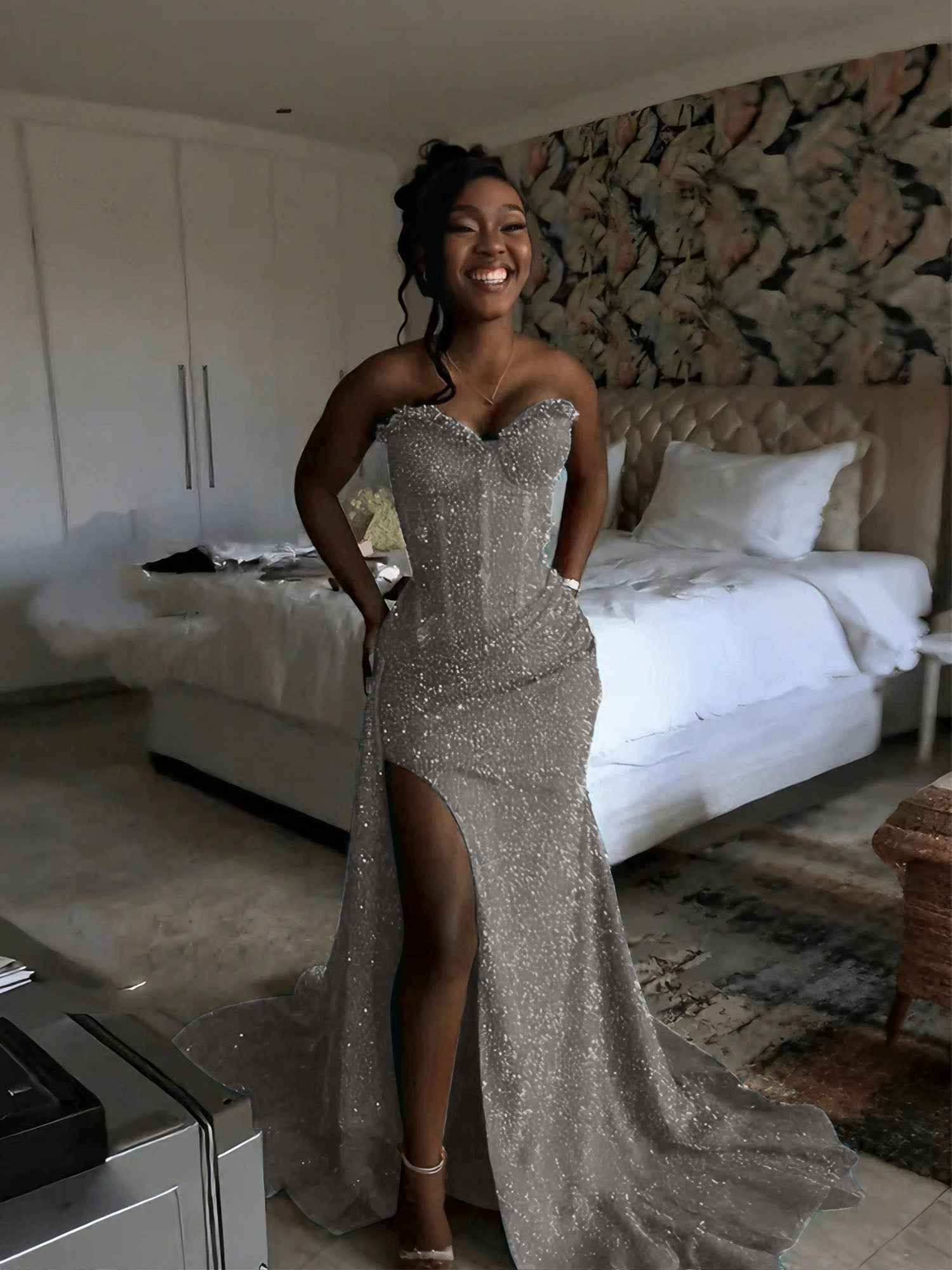 Glitter Strapless Mermaid Sequined Long Prom Dress with Slit - BMBRIDAL