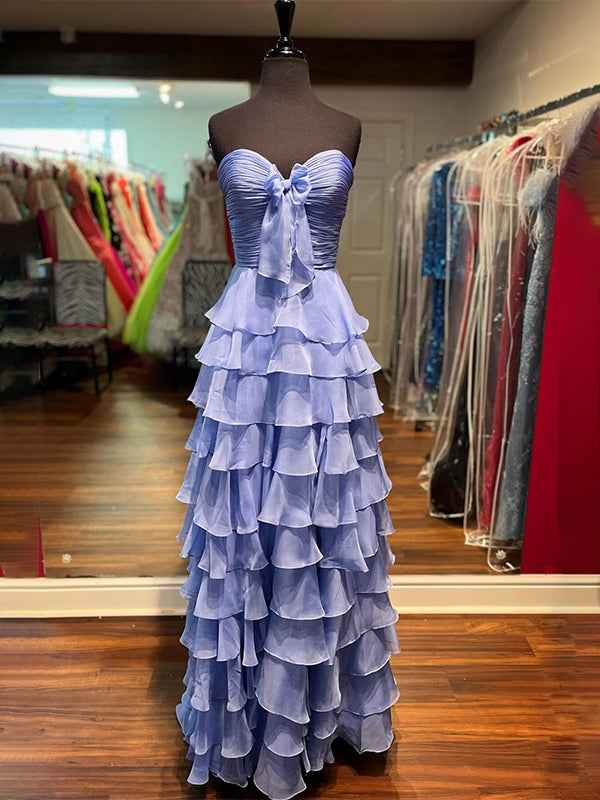 Fuchsia A-Line Sweetheart Chiffon Tiered Long Prom Dress with Slit