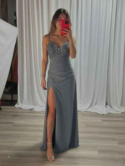 Beaded V Neck Corset Bodice Long Prom Dress with Slit