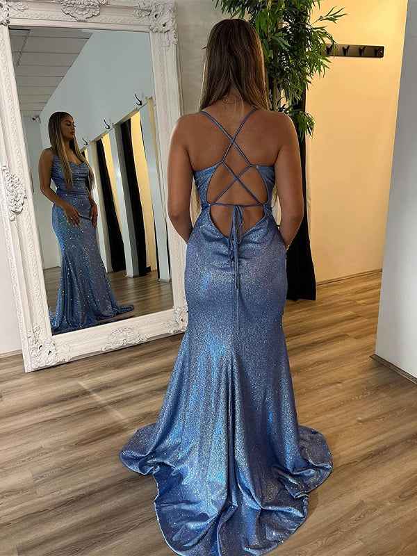 Grey Blue Mermaid Spaghetti Straps Sequins Long Prom Dress with Criss Cross Back