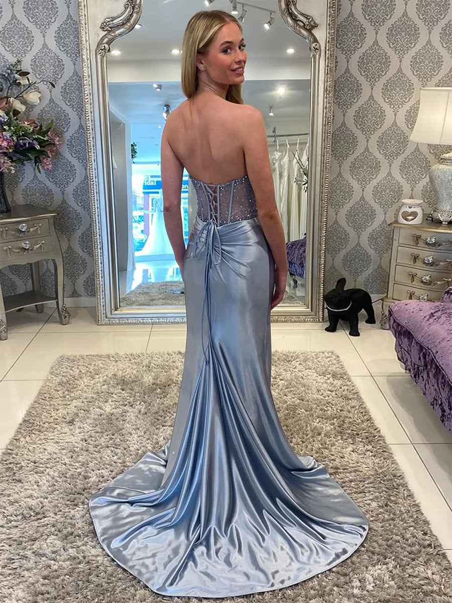 Grey Blue Strapless Beaded Mermaid Prom Dress with Slit