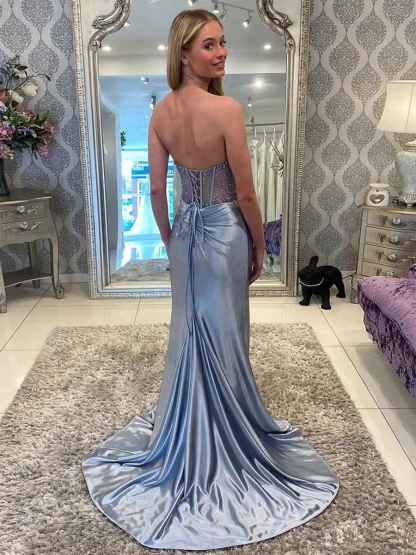 Grey Blue Strapless Beaded Mermaid Prom Dress with Slit