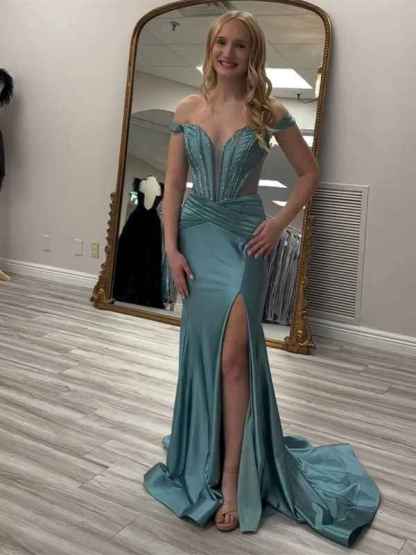 Grey Green Mermaid Off the Shoulder Long Prom Dress with Slit