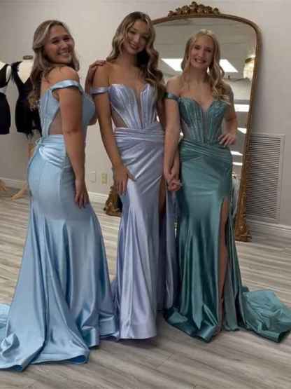 Grey Green Mermaid Off the Shoulder Long Prom Dress with Slit