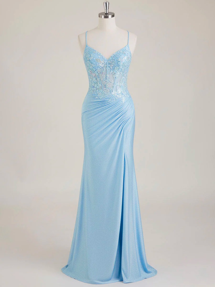 Mermaid Spaghetti Straps V Neck Sequins Prom Dress With Slit 