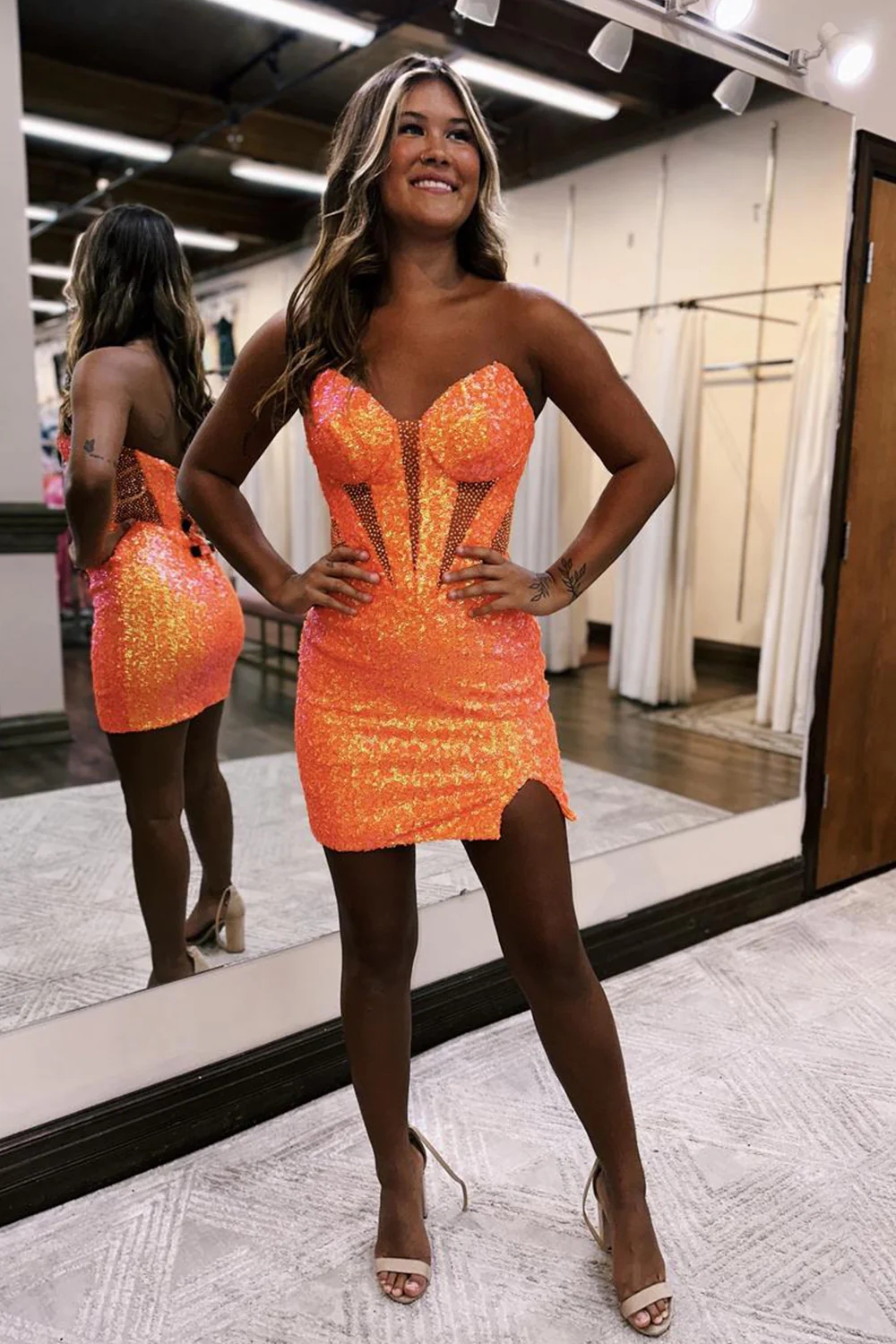 Sparkly Orange Corset Sweetheart Tight Short Homecoming Dress with