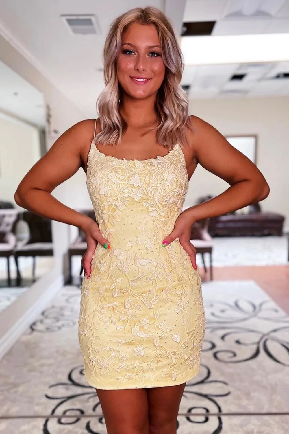 Yellow Spaghetti Straps Lace Tight Short Homecoming Dress-BMbridal