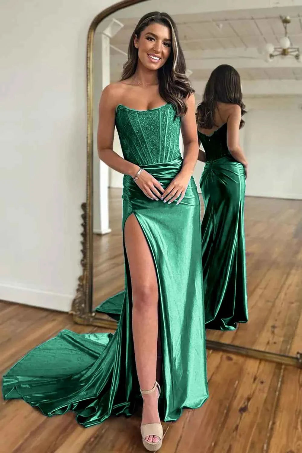 Fuchsia Strapless Corset Mermaid Long Satin Prom Dress with Slit