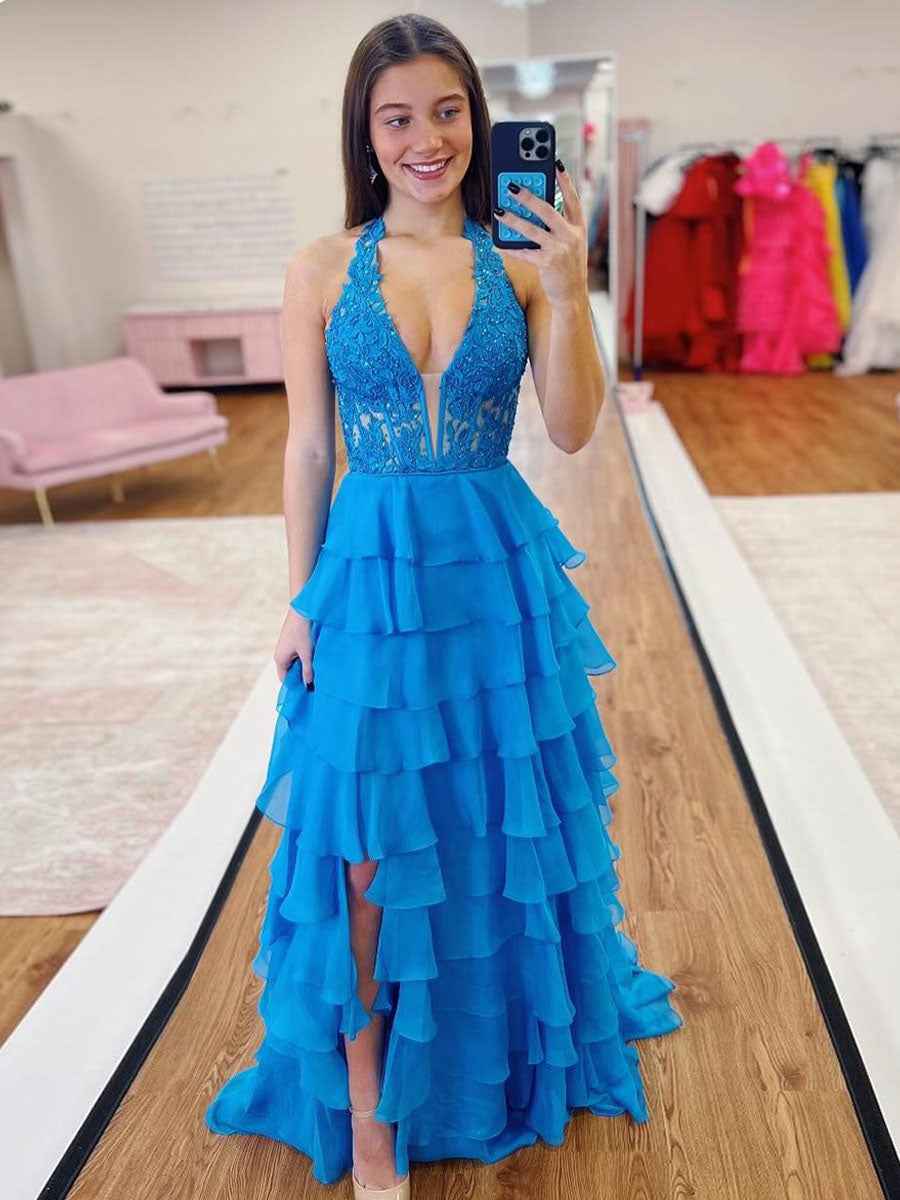 Halter Lace Appliques Chiffon Ruffle Prom Dress with Slit