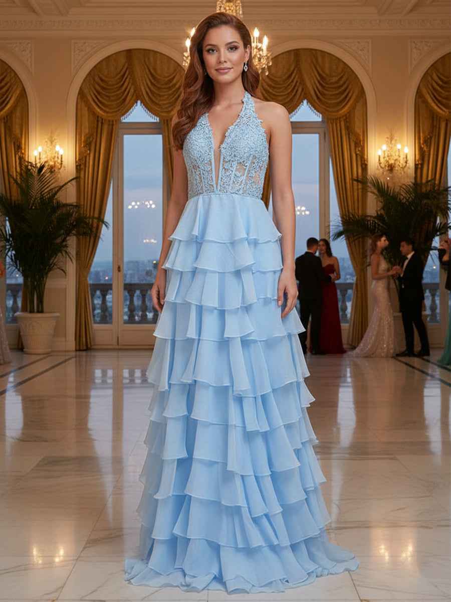 Halter Lace Appliques Chiffon Ruffle Prom Dress with Slit