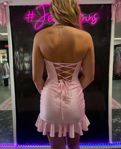 Halter Rhinestone Corset Homecoming Dress Ruched Satin Bodycon Mini Ruffle Hem Open Back