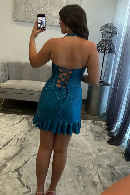 Halter Rhinestone Corset Homecoming Dress Ruched Satin Bodycon Mini Ruffle Hem Open Back