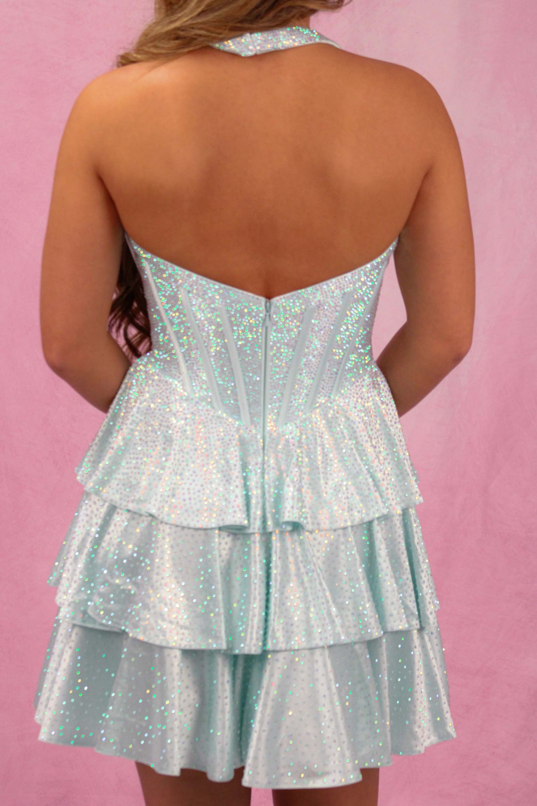 Halter Sweetheart Glitter Sequin Fan Corset Homecoming Dress Tiered Ruffle Skirt Open Back Mini
