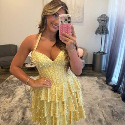 Halter V Neck Pearl Beaded Corset Homecoming Dress Tiered Ruffle Satin Mini Skirt