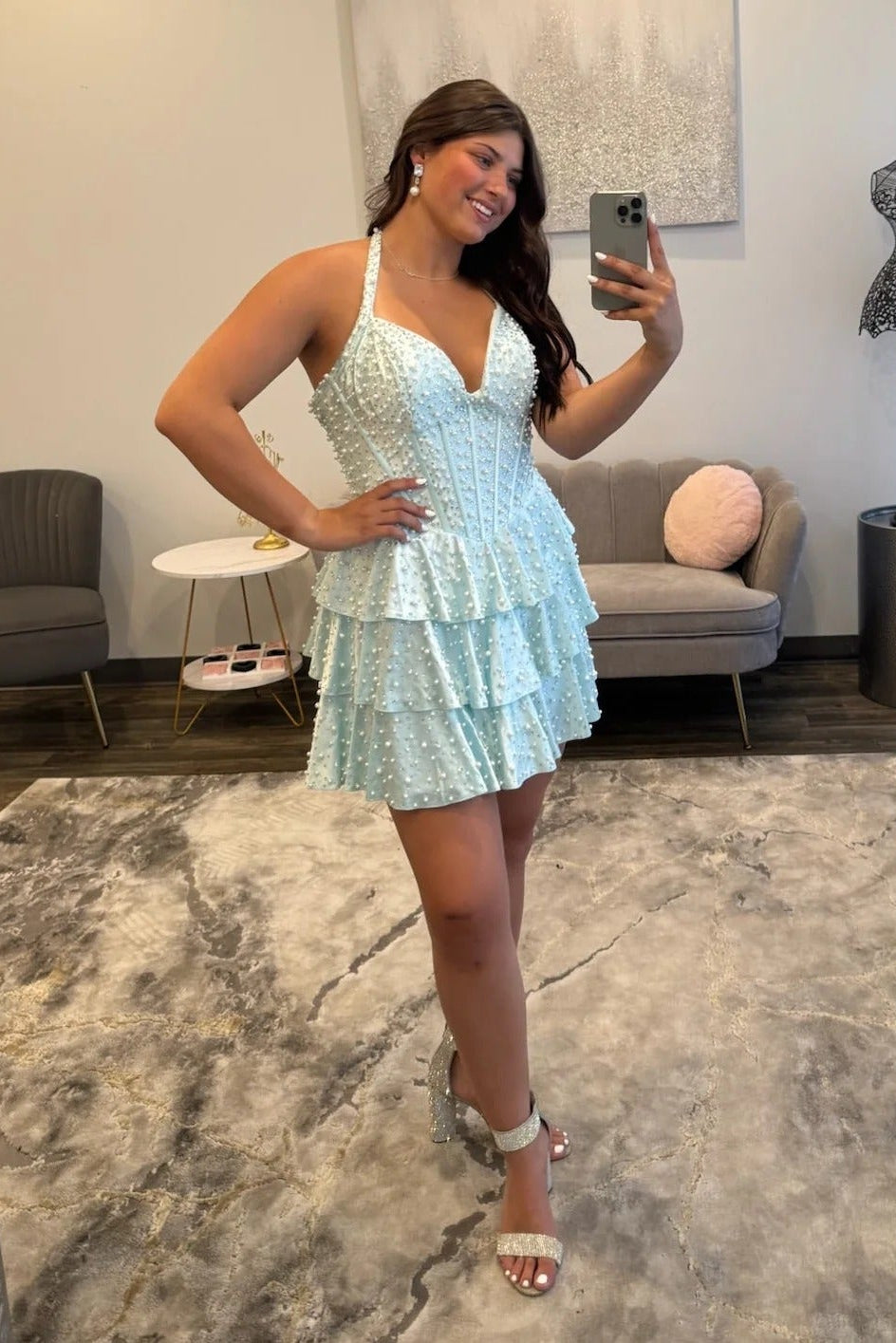 Halter V Neck Pearl Beaded Corset Homecoming Dress Tiered Ruffle Satin Mini Skirt