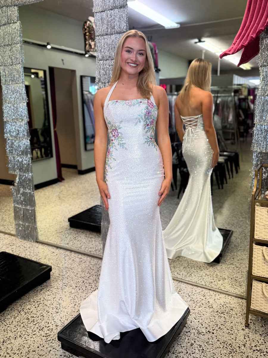 Halter Lace-Up Back Prom Dress with Floral Embroidered Bodice